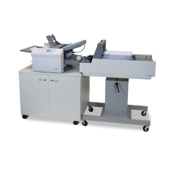 FD 38X Document Feeder, V-Stack36 Vertical Stacker, & optional V-Stack36-10 Adjustable Stand & cabinet. Note: Stand not required for use with Formax tabletop models. V-Stack36 infeed is designed to align with folder’s outfeed on a tabletop or Cabinet
