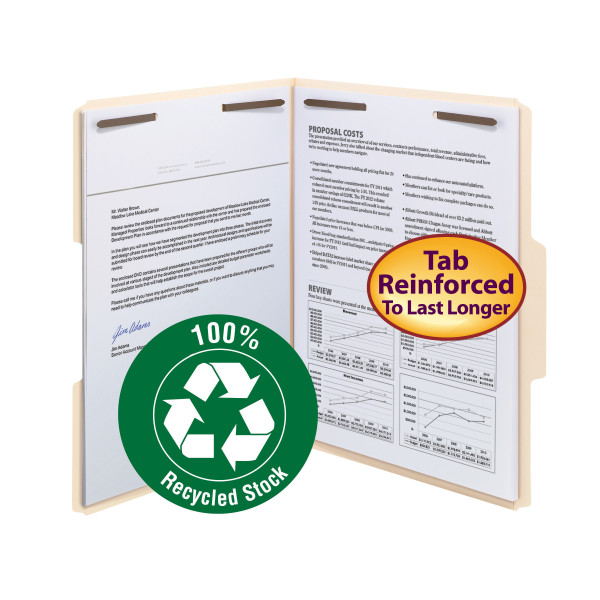 Smead 14547 100% Recycled Manila Fastener Folders with Reinforced Tab File Labels