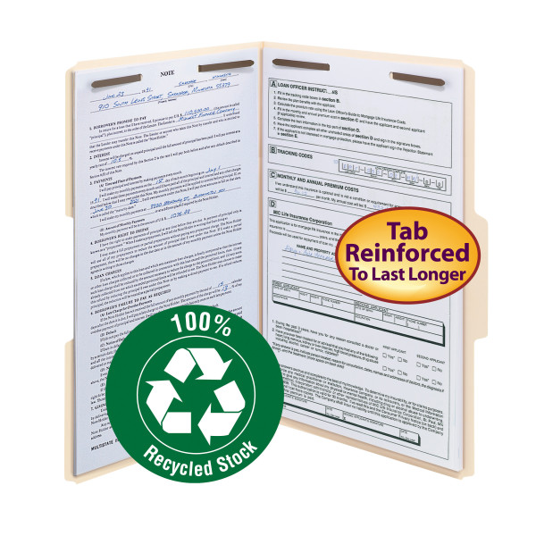 Smead 19547 100% Recycled Manila Fastener Folders with Reinforced Tab File Folders