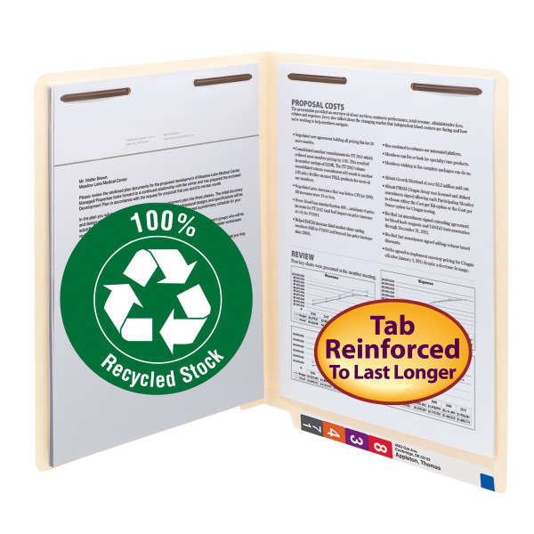 Smead 34160 100% Recycled End Tab Manila Fastener Folders with Shelf-Master Reinforced Tab Classification Folders