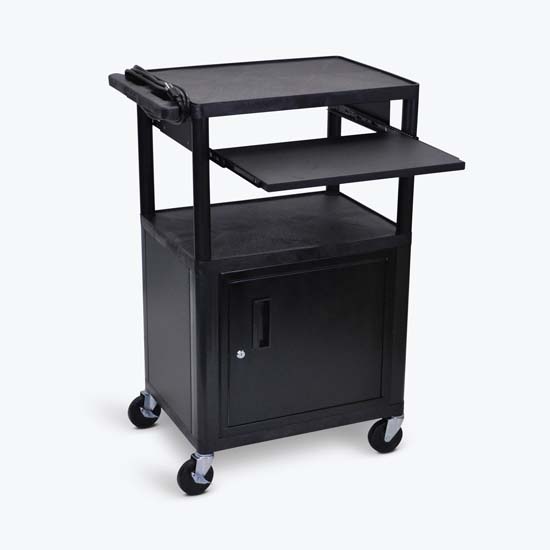 Luxor LP42CLE-B Endura Black 3 Shelf Presentation Cart W Cabinet & Pullout Shelf Luxor LP42CLE-B Endura Black 3 Shelf Presentation Cart W Cabinet & Pullout Shelf