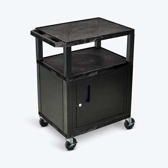 Luxor WT34C2E Tuffy Black 3 Shelf AV Cart W/ Cabinet & Electric Luxor WT34C2E Tuffy Black 3 Shelf AV Cart W/ Cabinet & Electric