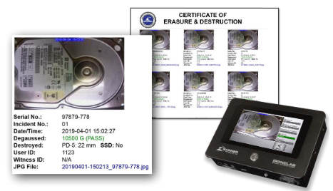 SCAN-1X Media Destruction Report software and scanner voucher included: Creates media destruction reports with date, time, user ID, serial number and verification of each cycle.